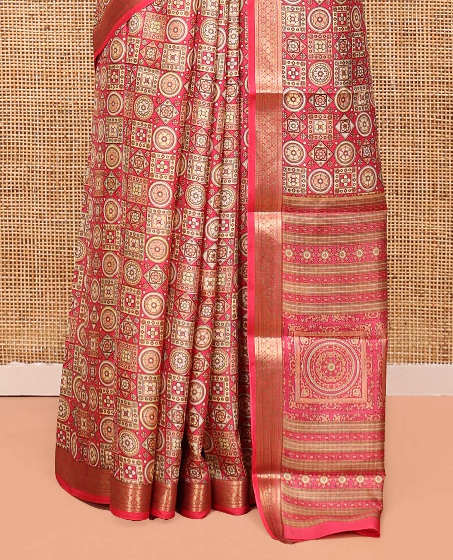 Pink Printed Silk Saree, Gracefully Embellished with Geometric Prints, Highlighted by a Traditional Zari Border, Printed Pallu, and a Matching Blouse