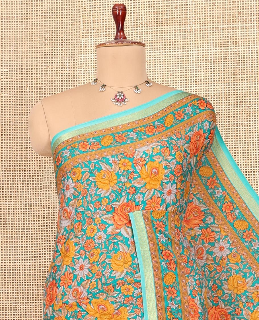 Blue Printed Silk Saree, Accentuated with Floral Print, a Traditional Zari Border, Floral Pallu, and a Matching Blouse