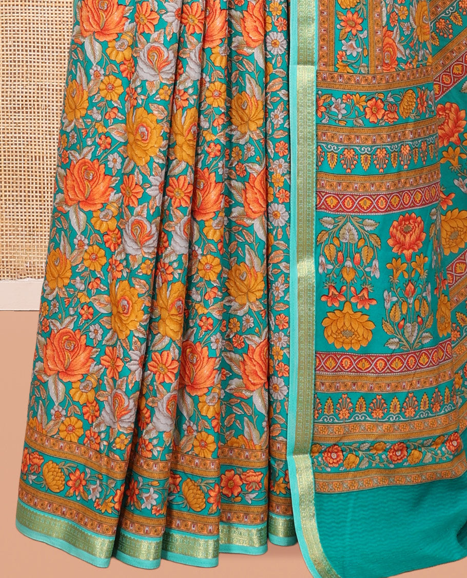 Blue Printed Silk Saree, Accentuated with Floral Print, a Traditional Zari Border, Floral Pallu, and a Matching Blouse