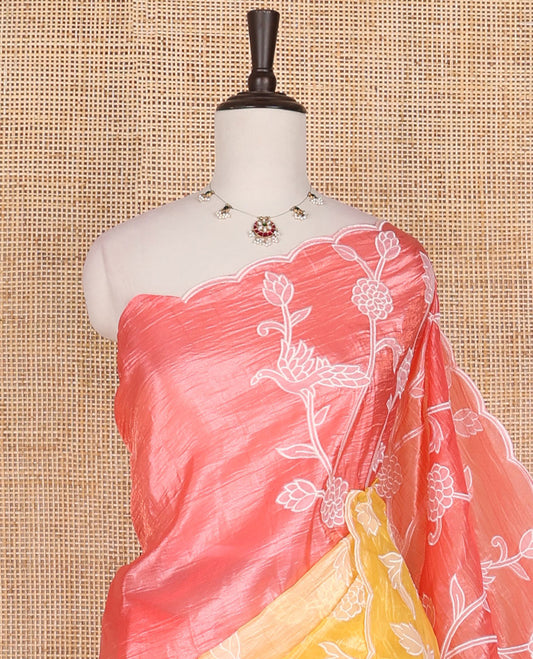 Multi color floral applique work crush organza saree with self embroidered scallop border