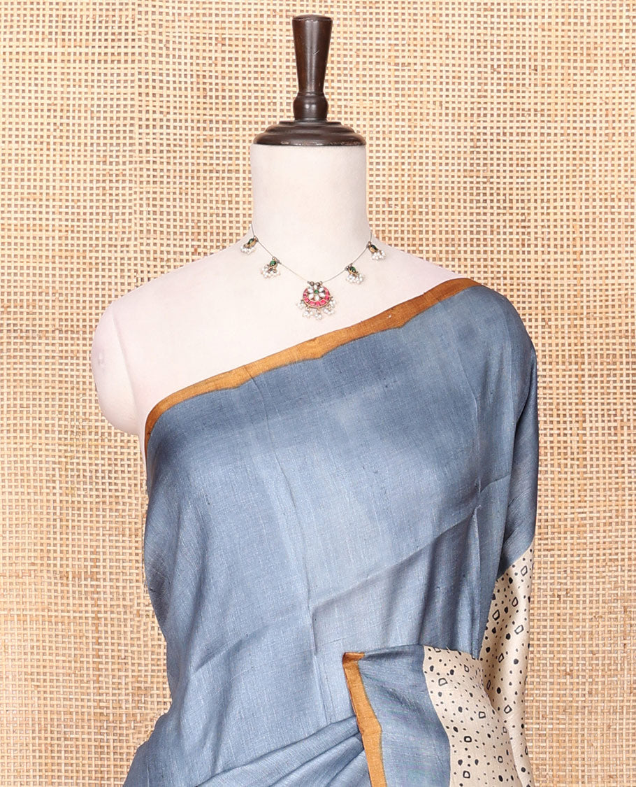 Grey Tussar Saree Printed with Pebble Motifs, Featuring a Contrast Piping Plain Border, with the Pallu and Blouse picturing a Realistic Big Deer Motif Print