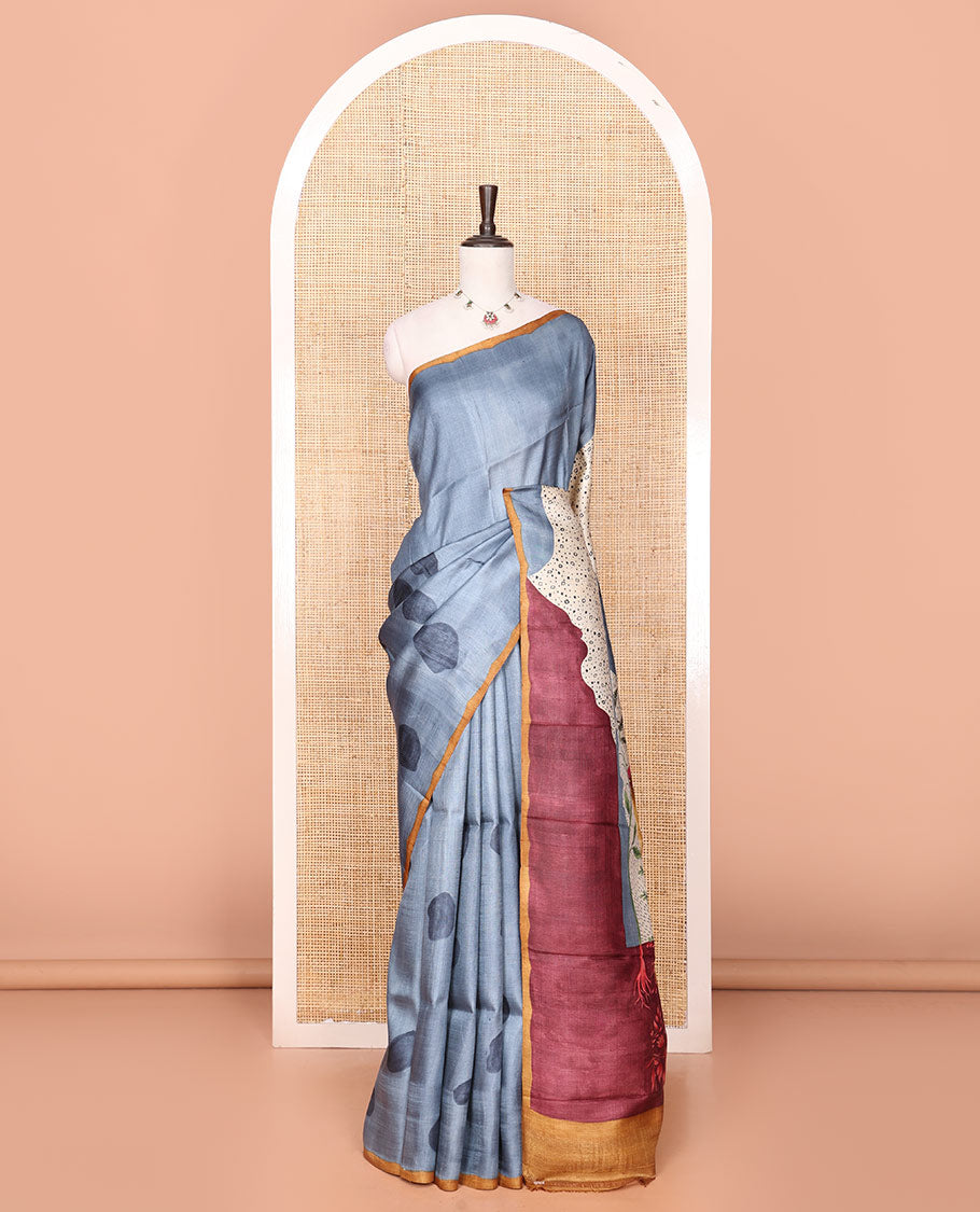 Grey Tussar Saree Printed with Pebble Motifs, Featuring a Contrast Piping Plain Border, with the Pallu and Blouse picturing a Realistic Big Deer Motif Print