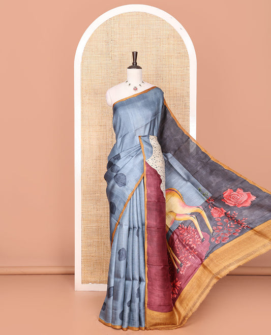 Grey Tussar Saree Printed with Pebble Motifs, Featuring a Contrast Piping Plain Border, with the Pallu and Blouse picturing a Realistic Big Deer Motif Print