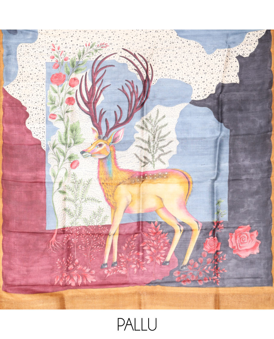 Grey Tussar Saree Printed with Pebble Motifs, Featuring a Contrast Piping Plain Border, with the Pallu and Blouse picturing a Realistic Big Deer Motif Print