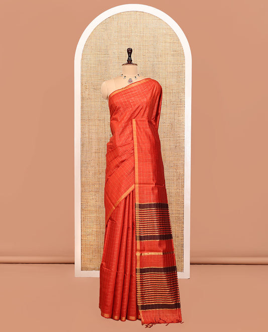 Orange Tussar Silk Saree, Sparsely Threaded with Checks, a Subtle Border, a Striped Pallu, and a Matching Blouse