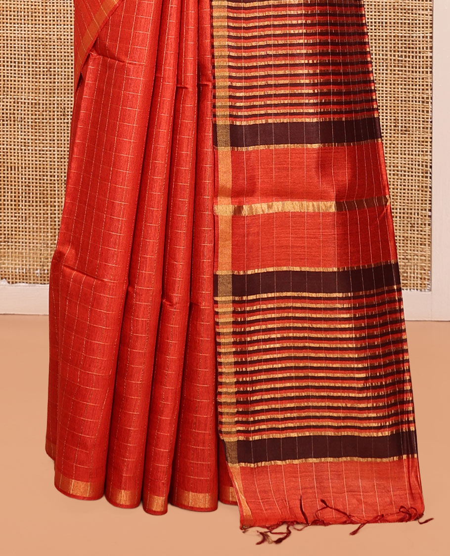 Orange Tussar Silk Saree, Sparsely Threaded with Checks, a Subtle Border, a Striped Pallu, and a Matching Blouse