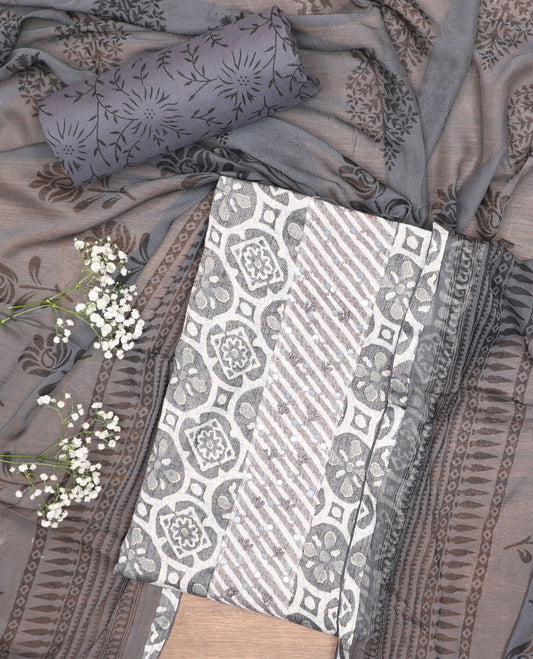 White cotton chudidhar material set, batik-style printed & neck work top, contrast floral-theme printed bottom & dupatta