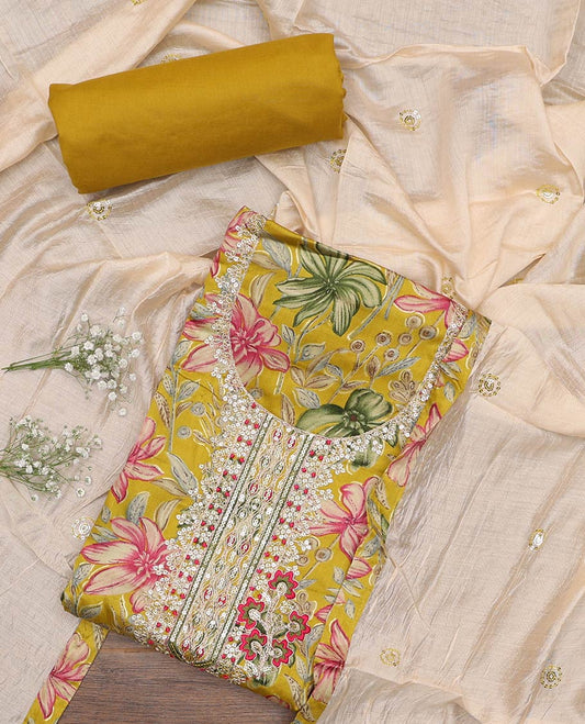 Yellow material churidar set, floral print with neck embroidery cotton top, plain cotton bottom, and contrast sequins embroidered chanderi dupatta