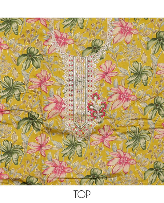 Yellow material churidar set, floral print with neck embroidery cotton top, plain cotton bottom, and contrast sequins embroidered chanderi dupatta