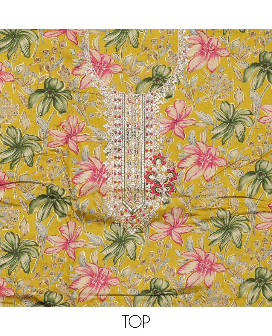 Yellow material churidar set, floral print with neck embroidery cotton top, plain cotton bottom, and contrast sequins embroidered chanderi dupatta