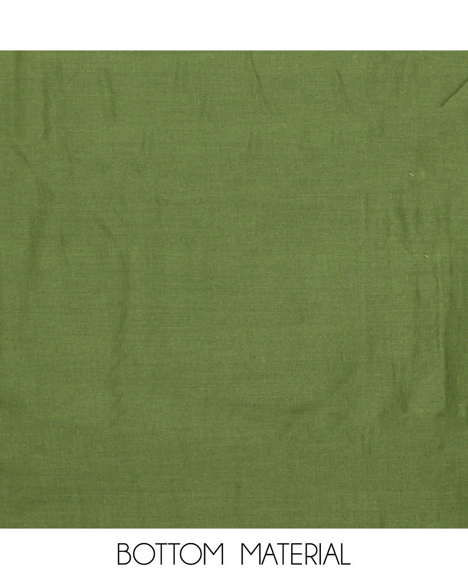 Green material chudidar set, ikkat jaal printed with neck embroidered top, plain bottom, and sequins embroidered dupatta