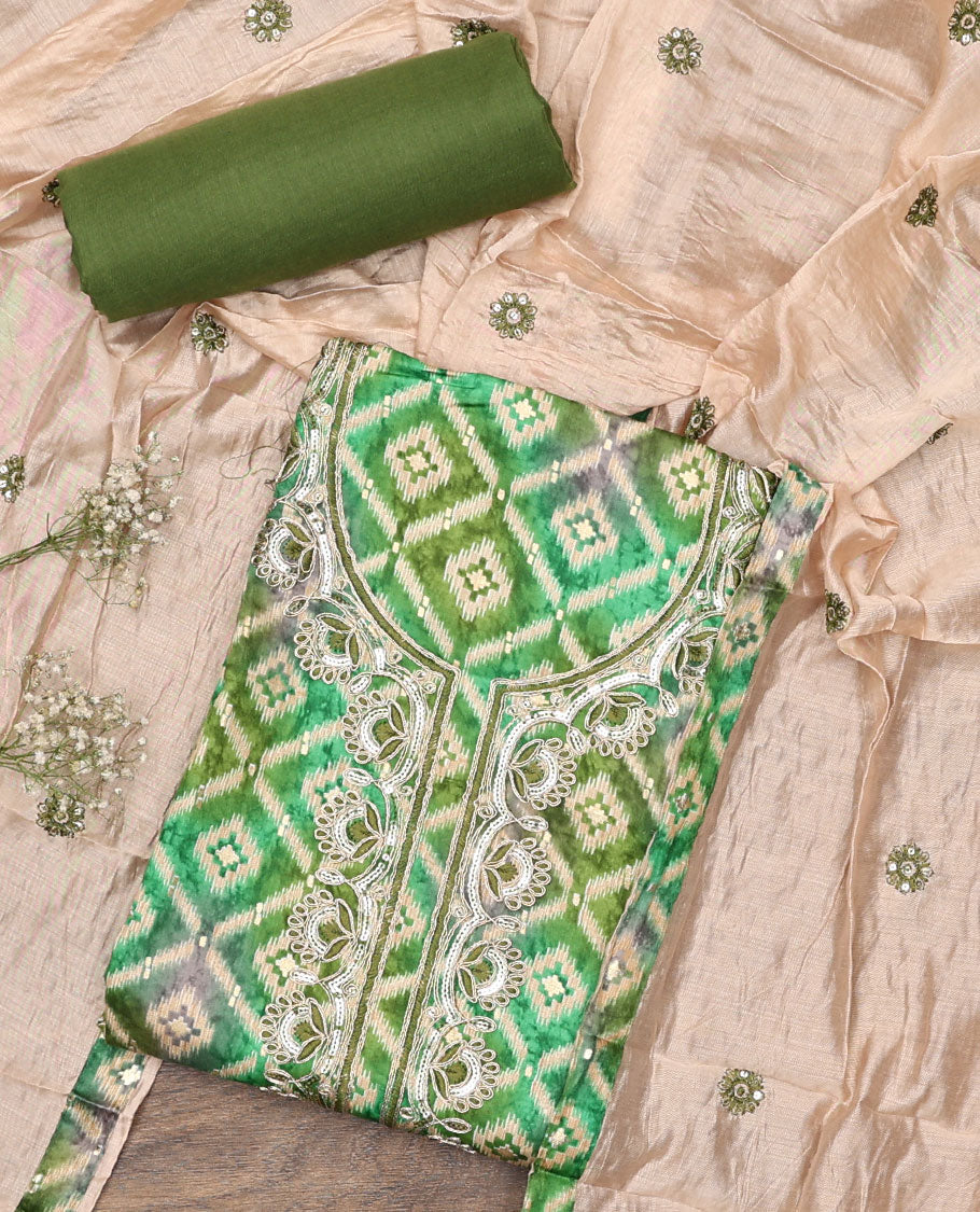 Green material chudidar set, ikkat jaal printed with neck embroidered top, plain bottom, and sequins embroidered dupatta