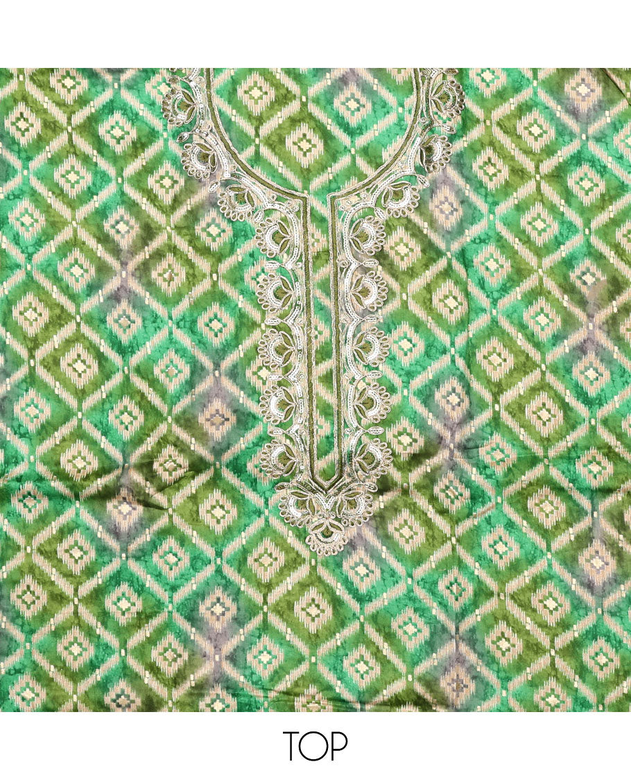 Green material chudidar set, ikkat jaal printed with neck embroidered top, plain bottom, and sequins embroidered dupatta