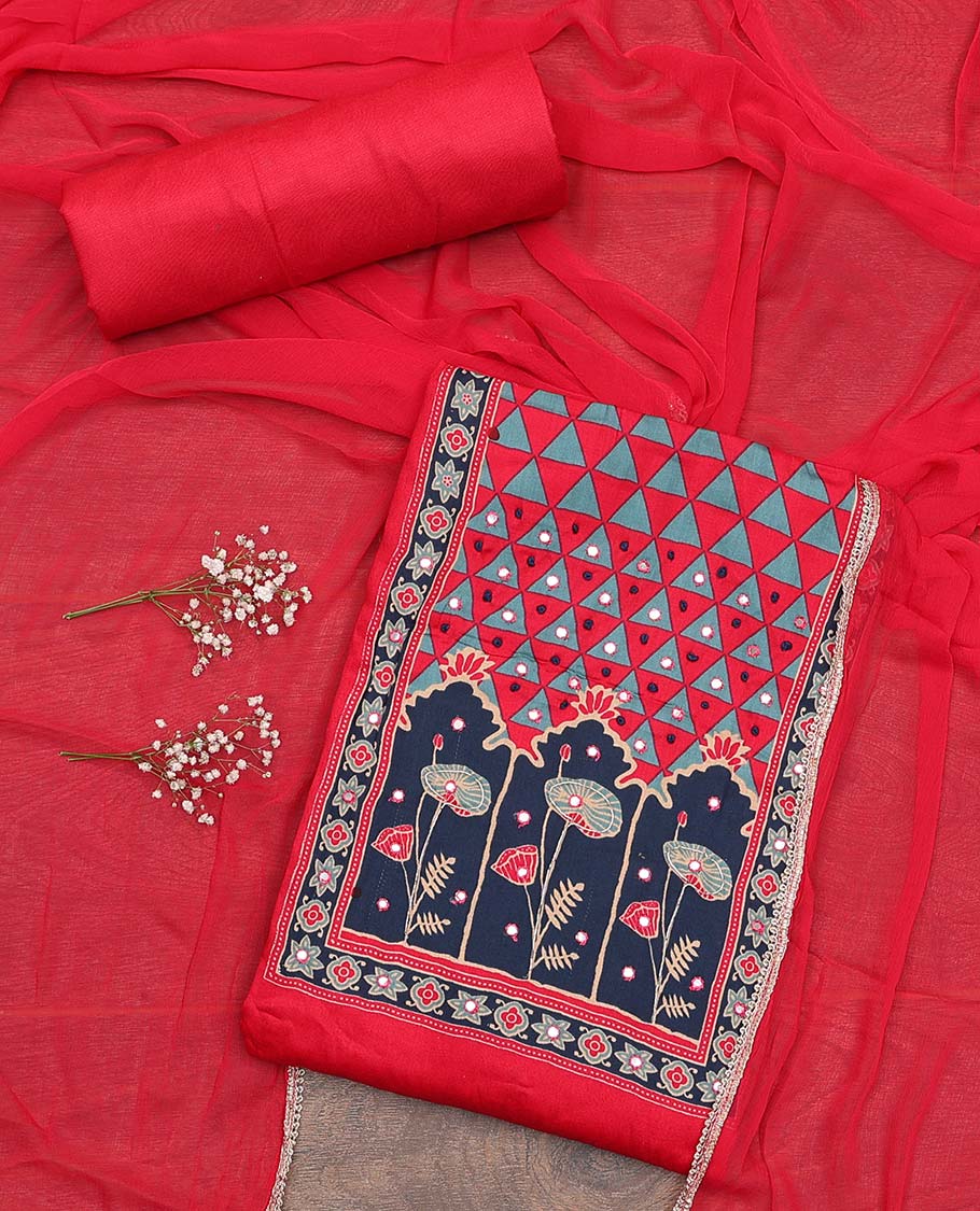 Red material chudidar set, Ajrakh print with mirror work neck embroidered top, plain bottom, and plain lace border dupatta