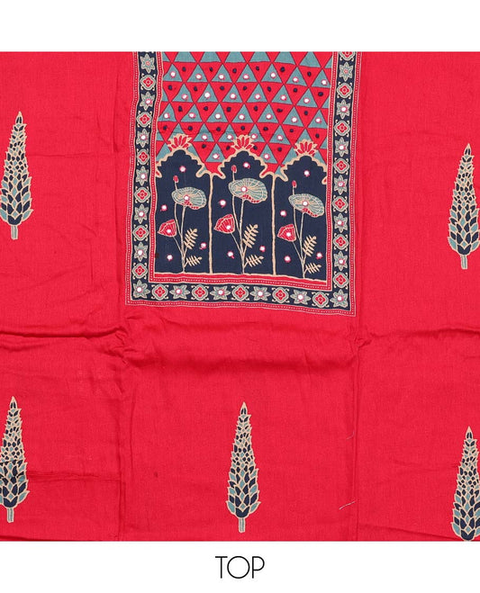 Red material chudidar set, Ajrakh print with mirror work neck embroidered top, plain bottom, and plain lace border dupatta