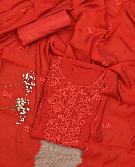 Red Material Chudidar Set, Subtly Woven with Lucknowi Chikankari-Style Floral-Leaf Neck Embroidery on Muslin Top, a Plain Santoon Bottom, and Paired with a Lucknowi Chikankari-Style Embroidered Muslin Scallop Dupatta