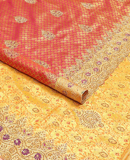 Red jacquard embroidered silk saree, contrast stone embroidered scallop zari border & zari woven & stone embroidered pallu