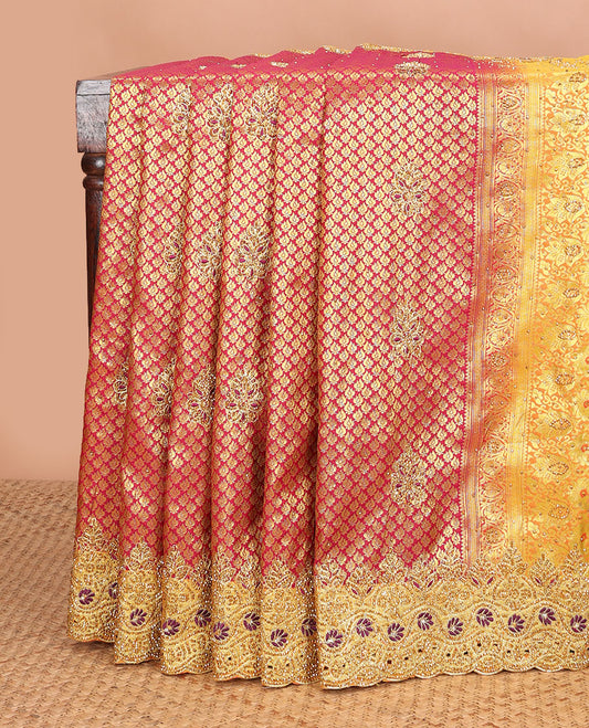 Red jacquard embroidered silk saree, contrast stone embroidered scallop zari border & zari woven & stone embroidered pallu