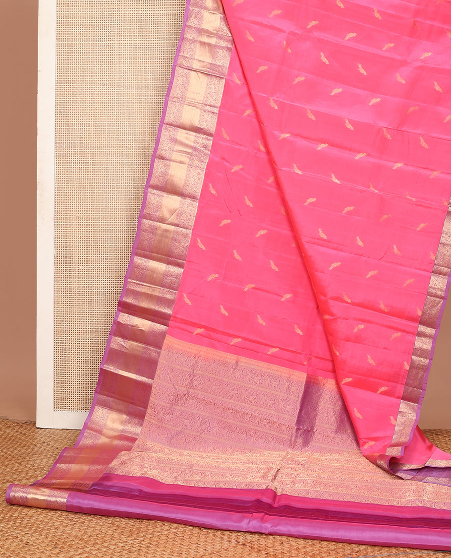 Pink zari buttas Vasundhara silk mix saree, contrast border & pallu steeped with yaanai, mayil & kodi visiry designs