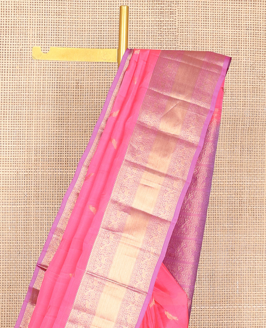 Pink zari buttas Vasundhara silk mix saree, contrast border & pallu steeped with yaanai, mayil & kodi visiry designs