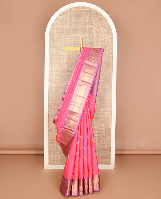 Pink zari buttas Vasundhara silk mix saree, contrast border & pallu steeped with yaanai, mayil & kodi visiry designs