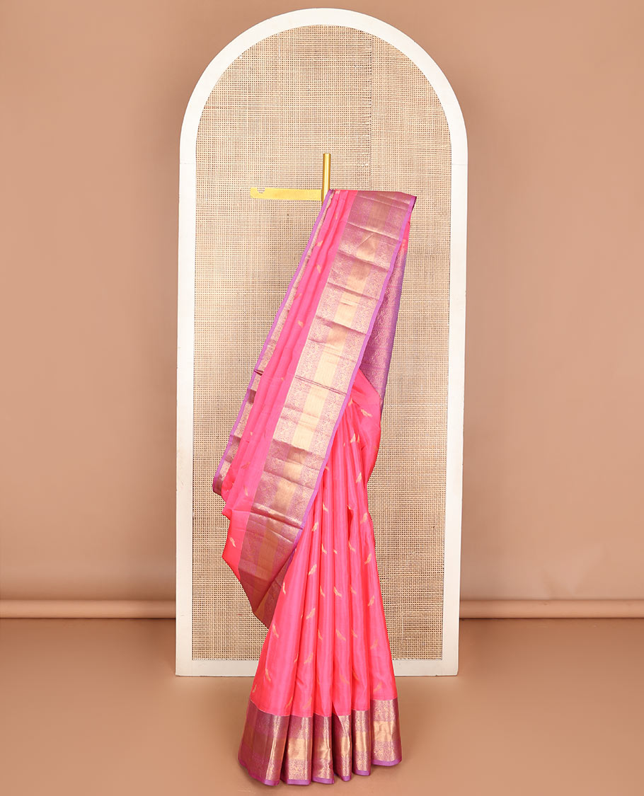 Pink zari buttas Vasundhara silk mix saree, contrast border & pallu steeped with yaanai, mayil & kodi visiry designs