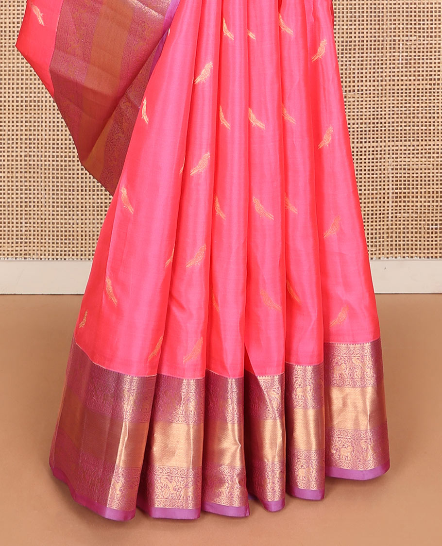 Pink zari buttas Vasundhara silk mix saree, contrast border & pallu steeped with yaanai, mayil & kodi visiry designs