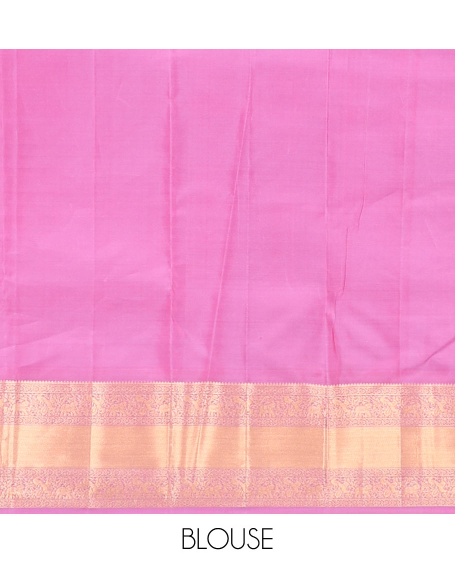 Pink zari buttas Vasundhara silk mix saree, contrast border & pallu steeped with yaanai, mayil & kodi visiry designs
