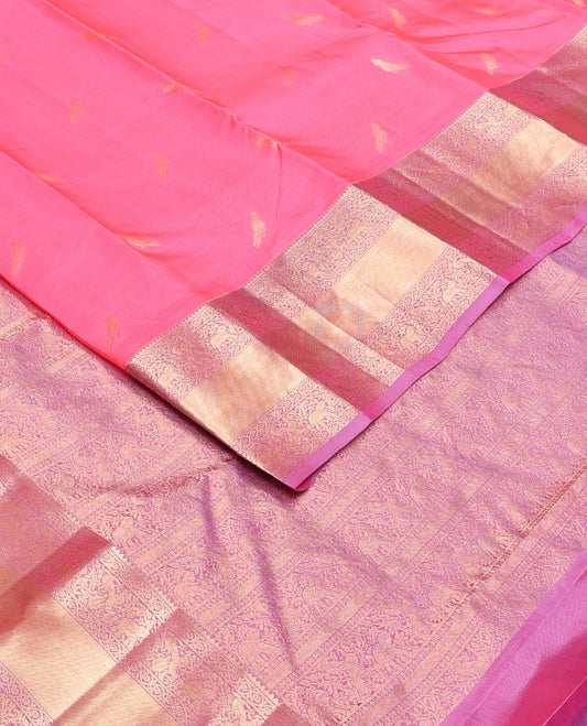 Pink zari buttas Vasundhara silk mix saree, contrast border & pallu steeped with yaanai, mayil & kodi visiry designs