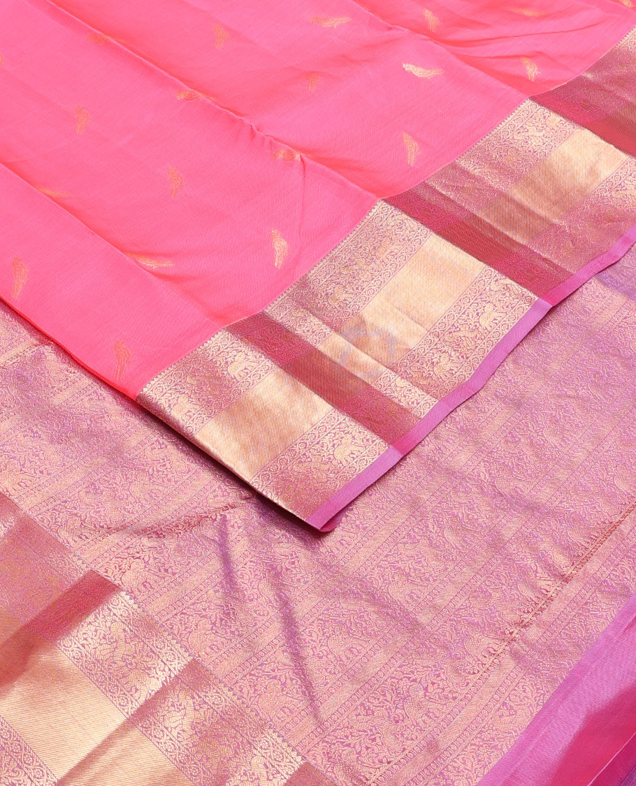 Pink zari buttas Vasundhara silk mix saree, contrast border & pallu steeped with yaanai, mayil & kodi visiry designs