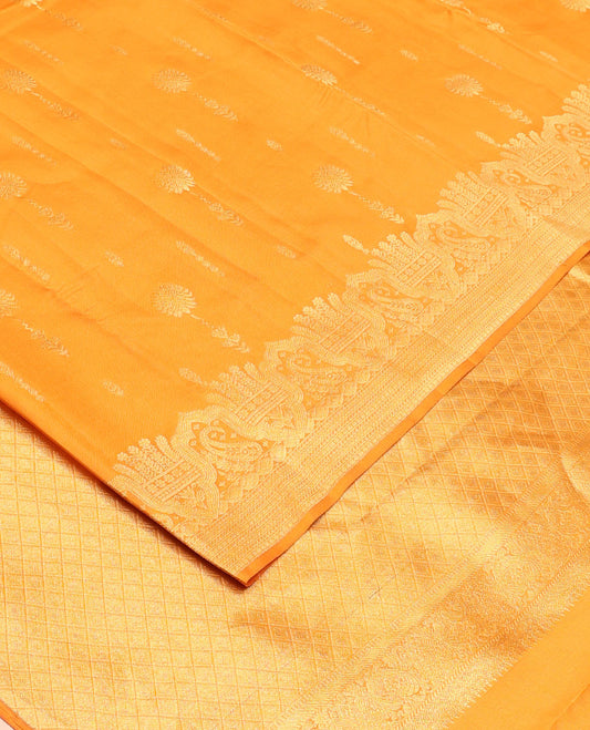 Yellow zari buttas vasundhara silk mix saree, traditional zari border & jaal design woven pallu