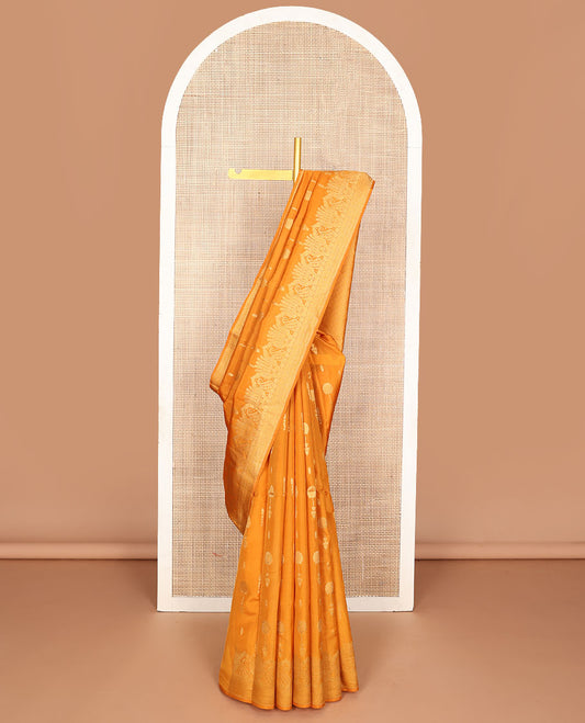 Yellow zari buttas vasundhara silk mix saree, traditional zari border & jaal design woven pallu