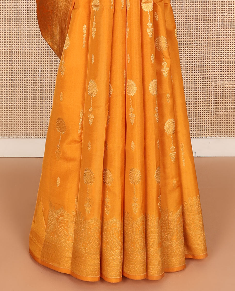 Yellow zari buttas vasundhara silk mix saree, traditional zari border & jaal design woven pallu