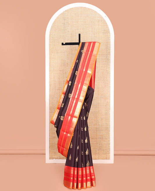 Brown Vasundhara Lite Silk Mix Saree, Delicately Woven with Yaanai Buttas, Complemented by Contrast Border of Rekku, Muthu, Jada Nagam, Laddu Kamalam, Mayil, Rudraksham, and Mayil Kann Designs, Grand Pallu and Paired with a Contrast Blouse