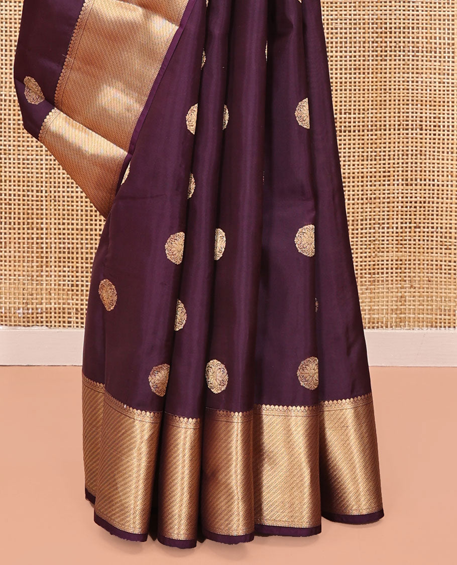 Brown Vasundhara Lite Silk Mix Saree, Detailed with Zari Buttas All Over Its Body, Highlighted by a Zari Border of Thilakam Mokku, Neli, and Muthu Designs, Ogee-Patterned Pallu, and Paired with a Matching Blouse