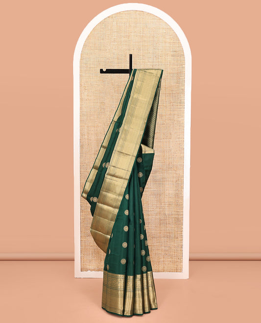 Green Vasundhara Lite Silk Mix Saree, Spotlighted with Zari Buttas On Its Body, Highlighted by Zari Border of Rekku, Kamalam, Mayil, and Jaal Designs, Intricate Pallu and Paired with a Matching Blouse