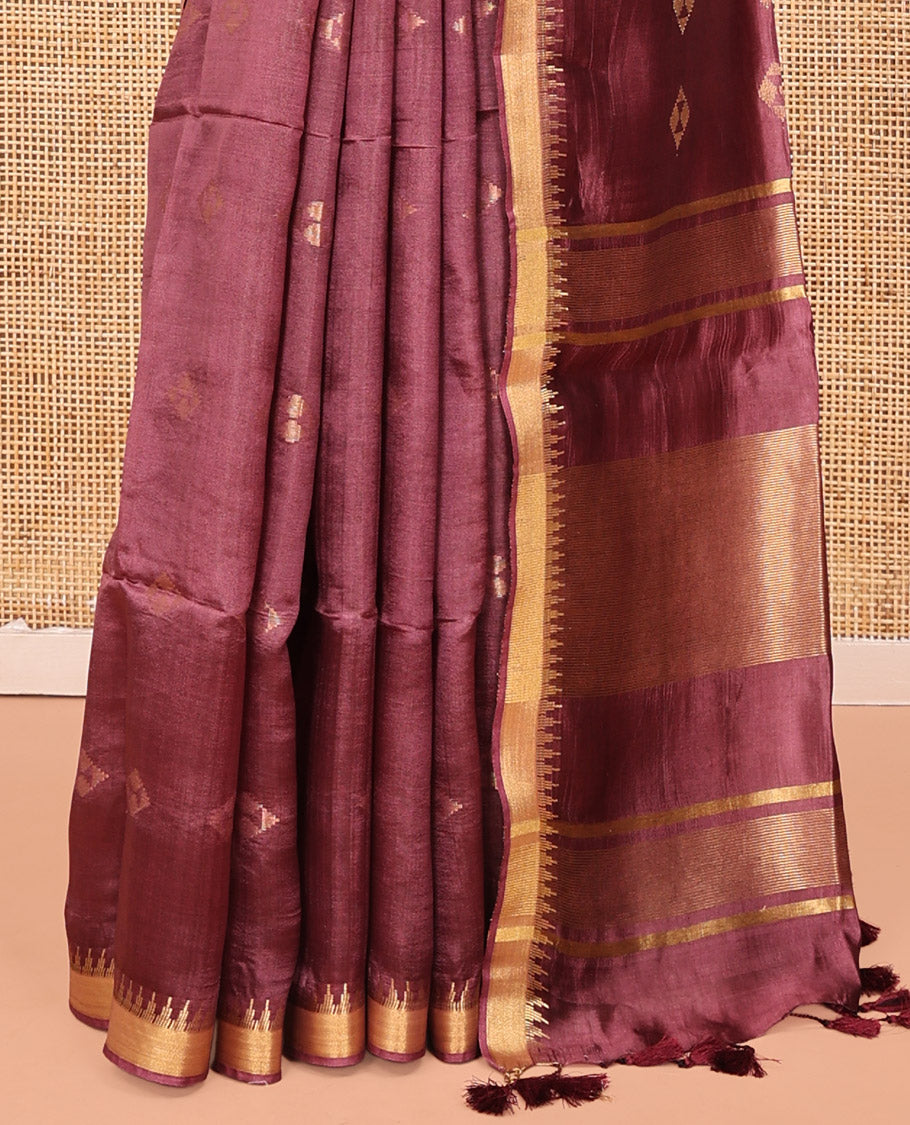 Brown Banana Pith Saree, Enriched with Diamond Buttas on Its Body, Subtle Temple Border, Pallu Steeped with Zari Stripes, and Paired with a Matching Blouse