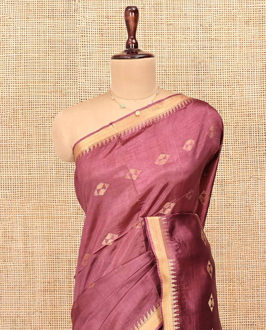 Brown Banana Pith Saree, Enriched with Diamond Buttas on Its Body, Subtle Temple Border, Pallu Steeped with Zari Stripes, and Paired with a Matching Blouse