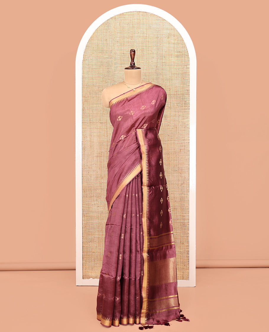 Brown Banana Pith Saree, Enriched with Diamond Buttas on Its Body, Subtle Temple Border, Pallu Steeped with Zari Stripes, and Paired with a Matching Blouse