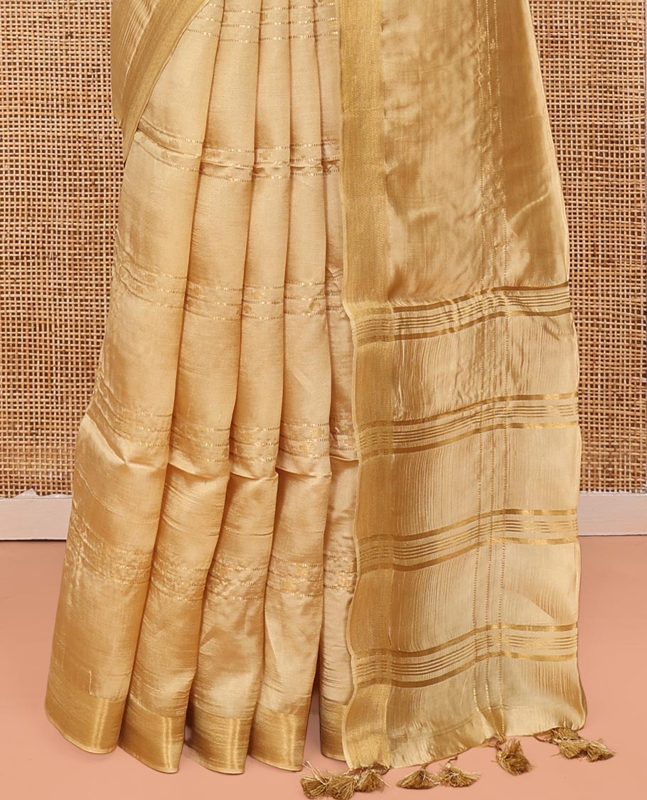 Sandal Banana Pith Saree, Subtly Sparkled with Buttas and Stripes All Over Its Body, Highlighted by Self-Border, Pallu of Zari Stripes, and Paired with a Matching Blouse