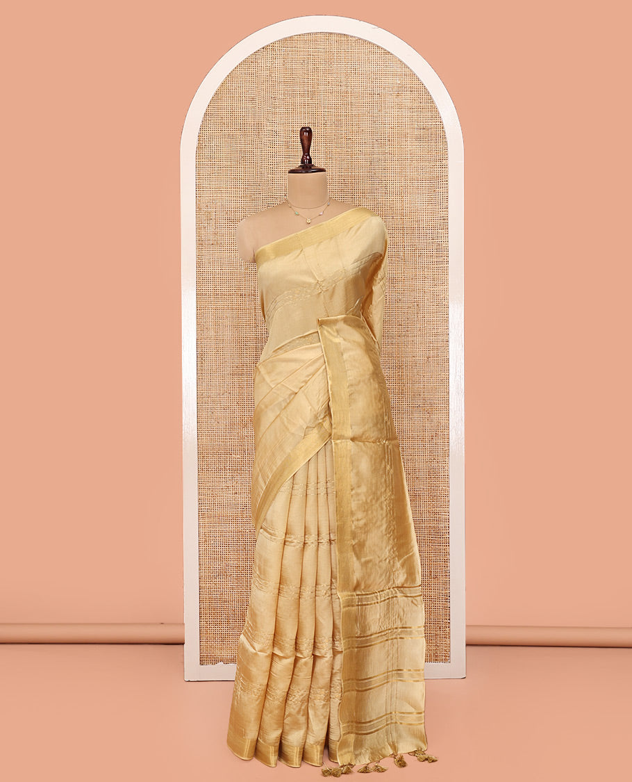 Sandal Banana Pith Saree, Subtly Sparkled with Buttas and Stripes All Over Its Body, Highlighted by Self-Border, Pallu of Zari Stripes, and Paired with a Matching Blouse