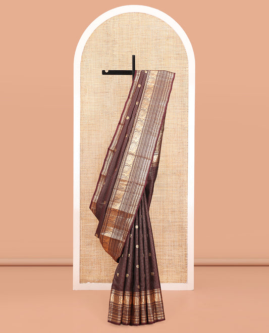 Brown Vasundhara Silk Saree, Masterfully Woven with Zari Buttas and Checks All Over Its Body, Highlighted by  Zari Border of Rekku, Muthu, Kathir, Mayil, Neli, and Manga Designs, Grand Pallu, and Paired with a Contrast Blouse