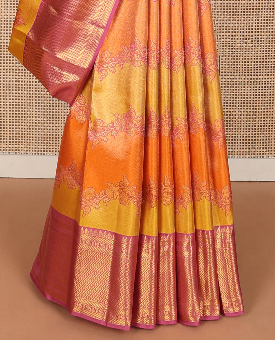Yellow rangkat-style floral vine wedding silk saree, contrast border of thilakam mokku, banaras, rudraksham & vanki designs