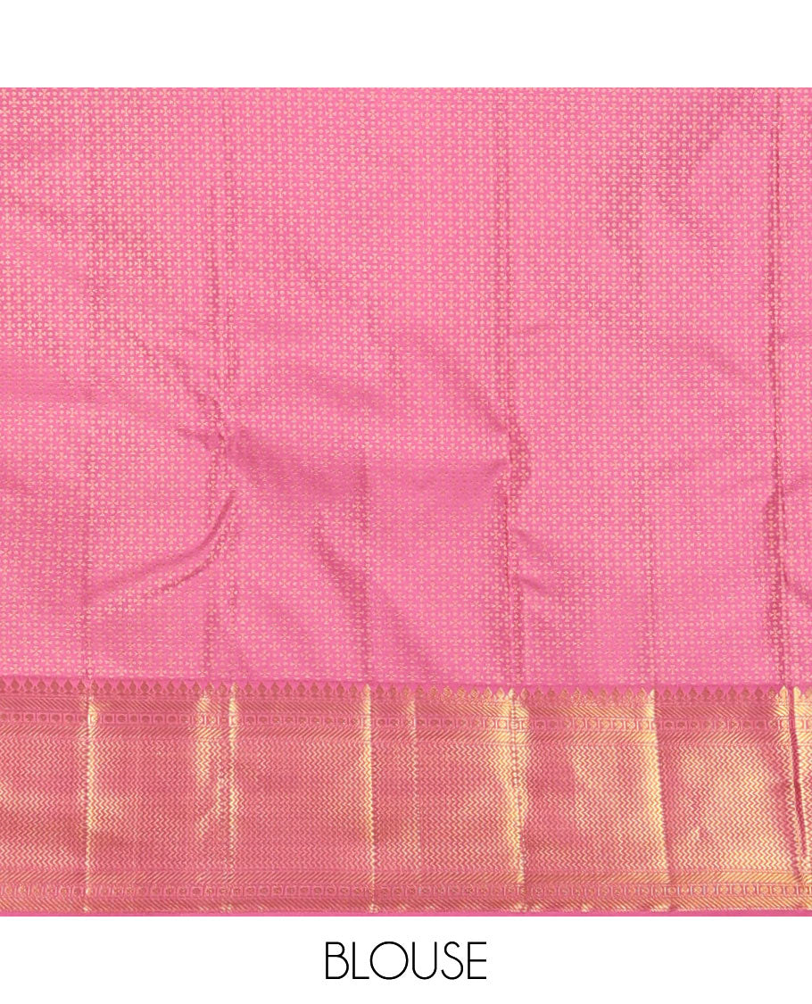 Yellow rangkat-style floral vine wedding silk saree, contrast border of thilakam mokku, banaras, rudraksham & vanki designs