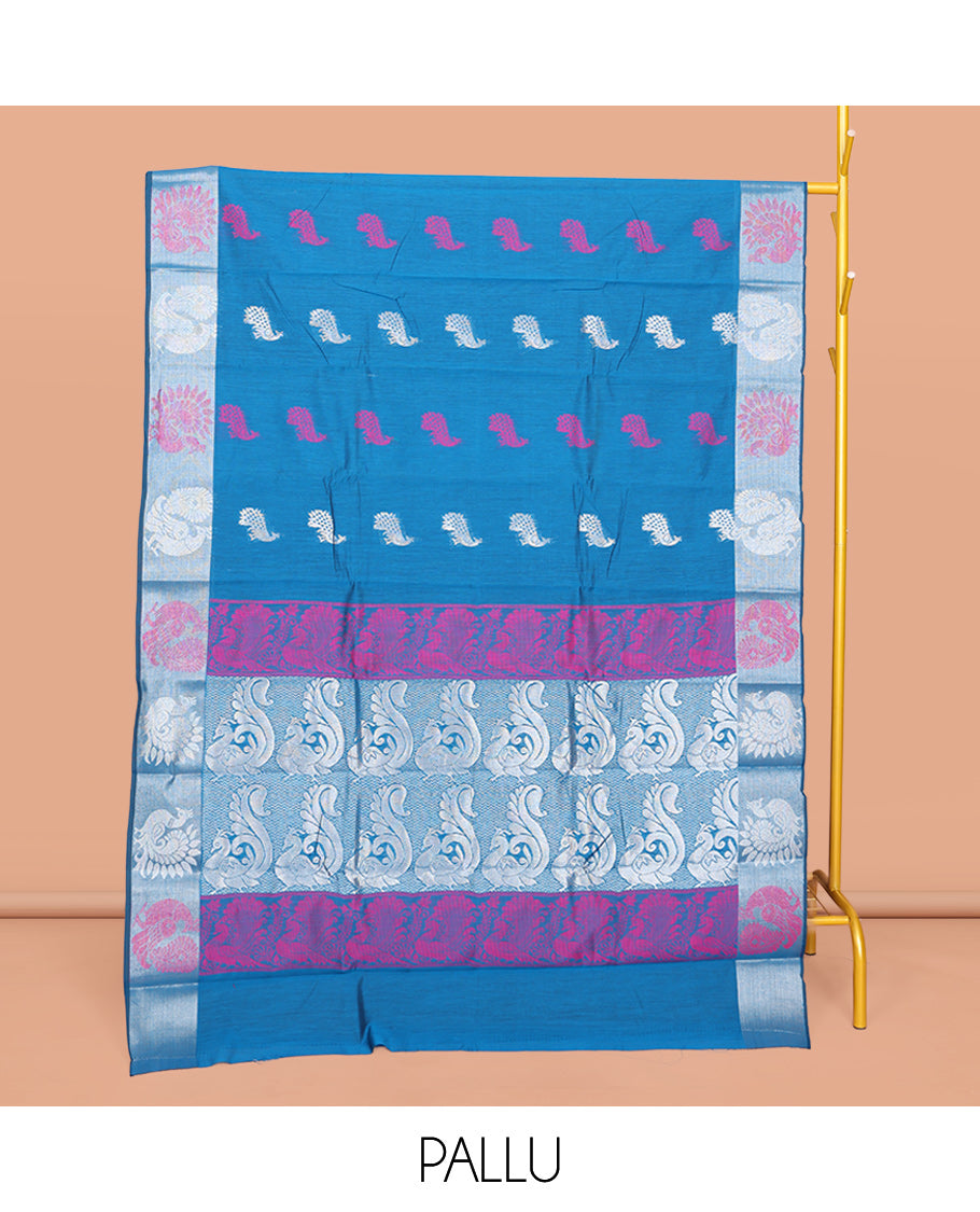 Blue Semi-Silk Cotton Saree, Adorned with Peacock Buttas All Over Its Body, Highlighted by a Self-Border of Peacocks, Pallu Steeped with Peacock Designs, and Paired with a Matching Blouse