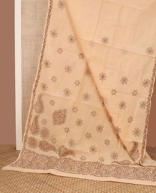 Sandal flower butta thread embroidered Lucknowi chikankari saree, leaf creeper border, & floral-leaf embroidered pallu