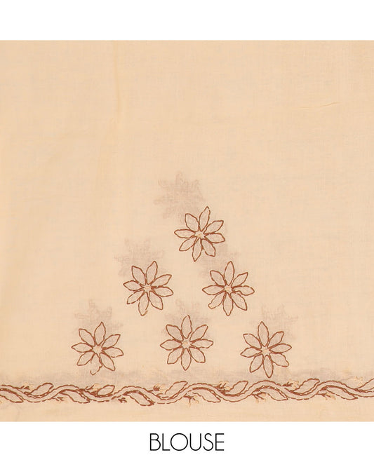 Sandal flower butta thread embroidered Lucknowi chikankari saree, leaf creeper border, & floral-leaf embroidered pallu