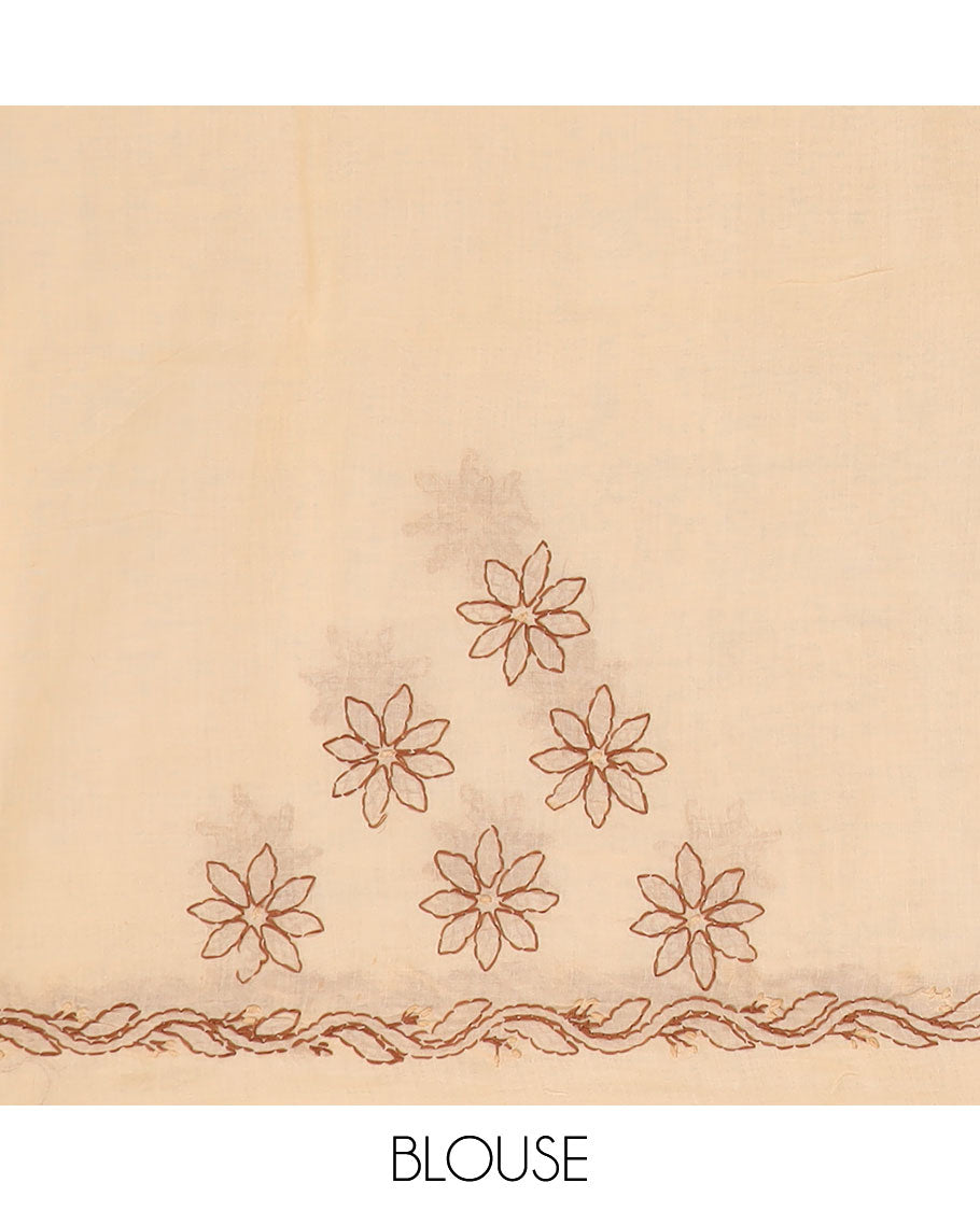 Sandal flower butta thread embroidered Lucknowi chikankari saree, leaf creeper border, & floral-leaf embroidered pallu