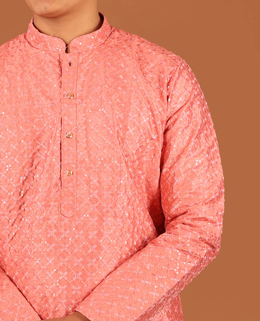 Peach Sequins and Thread Embroidered Full-Sleeved Men's Kurta