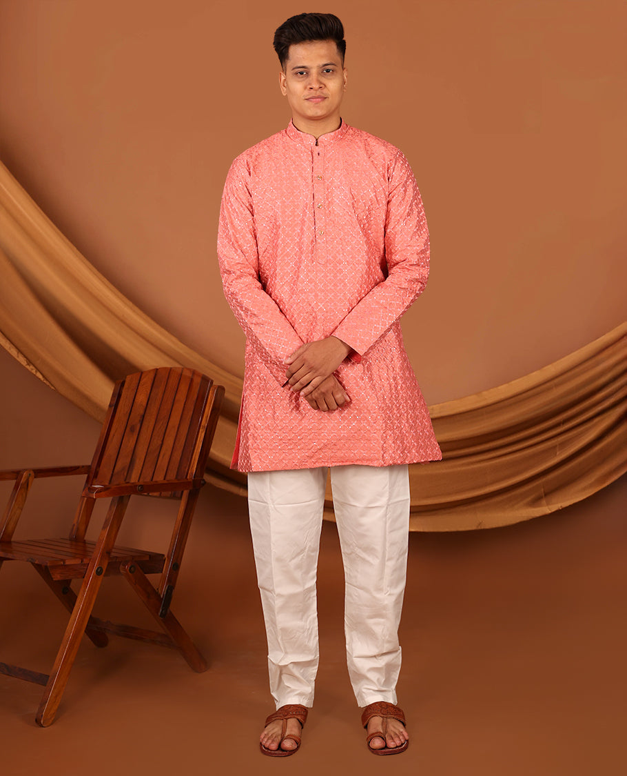 Peach Sequins and Thread Embroidered Full-Sleeved Men's Kurta